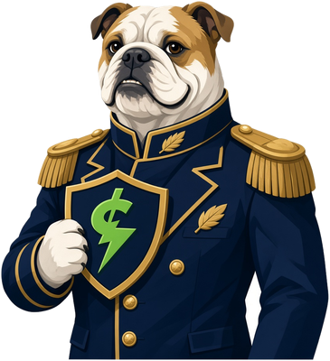 The General, the CashWars bulldog mascot, holding the CashWars shield